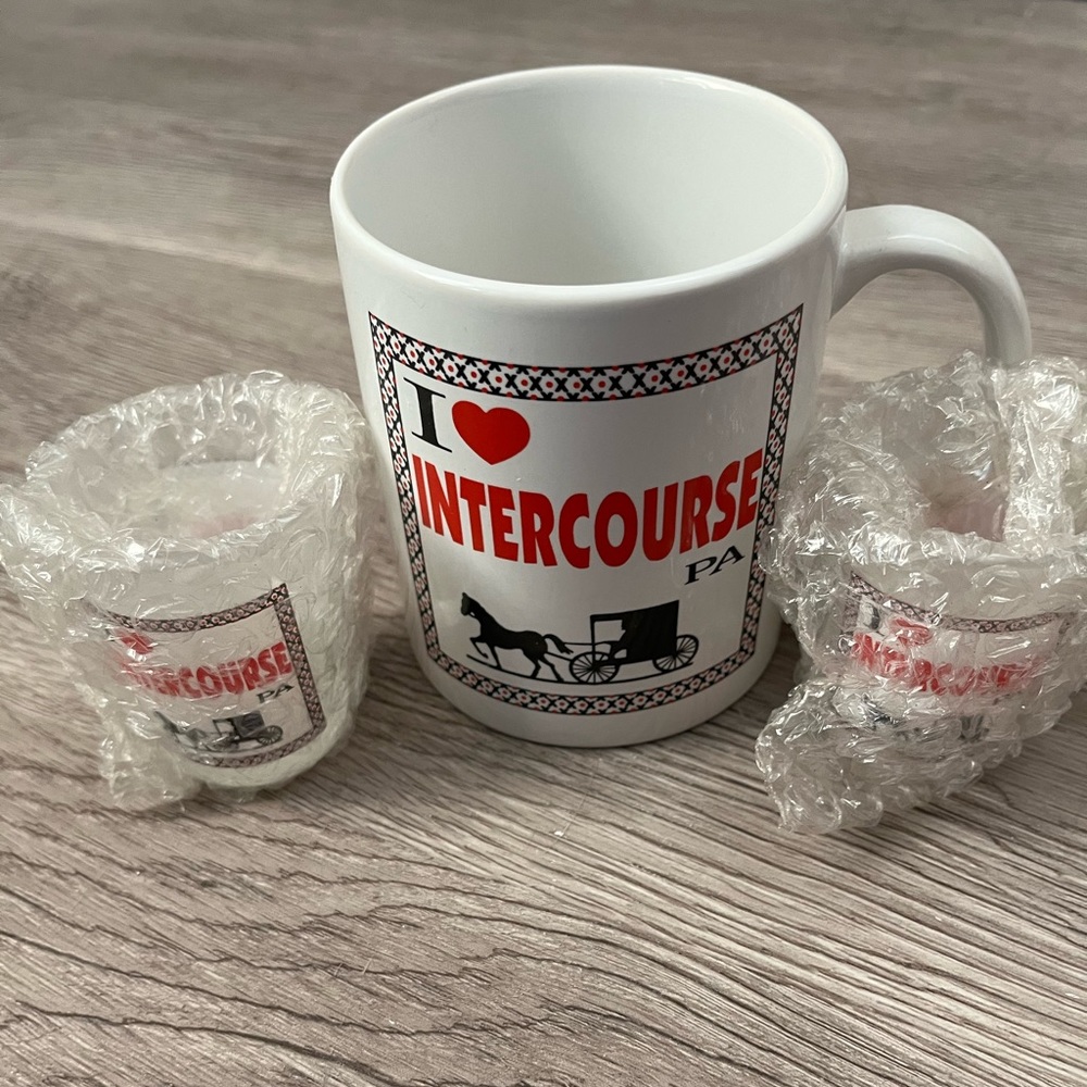 A mug and two shot glasses from Intercourse,PA